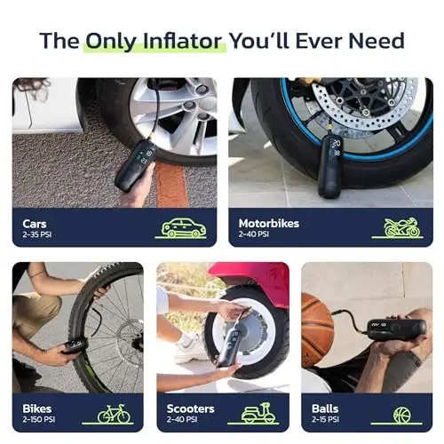 Tire Inflator Portable Air Compressor, Electric Bike Tire Pump with Gauge, Air Pump for Car Tires, 150PSI, Mobile Air Compressor for Car, Motorcycle, Electric Bike, by Woowind - 2