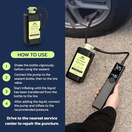 Tire Inflator Portable Air Compressor for Car, Bike, Motorcycle, SUV, Offroad & Truck - Fast Car Pump, 150 PSI, Cordless 12V DC, LED Display Emergency Light Woowind (Ventus pro + Tire sealant) - 6