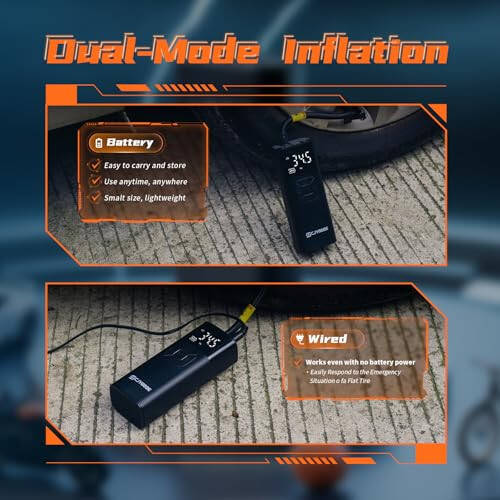 Tire Inflator Portable Air Compressor - Portable Air Pump for Car Tires 10000mAh 150PSI & 12V DC Cordless 4X Faster Inflation for Car, Motorcycle, Bike, Ball, with Tire Gauge Pressure, Dual-Use Type - 6