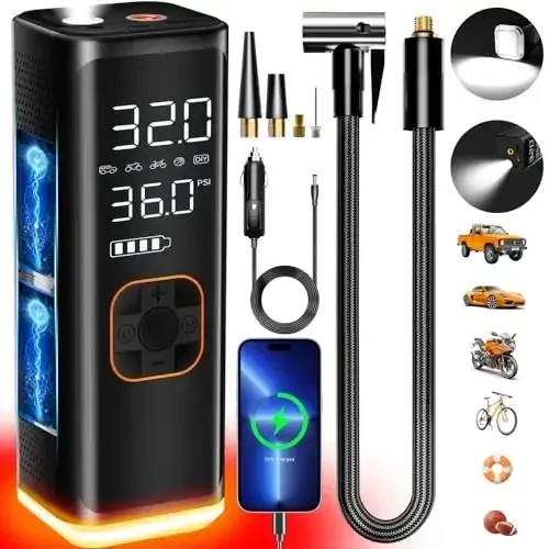 Tire Inflator Portable Air Compressor,12V DC Truck Air Pump for Car Tires,150PSI Portable Air Compressor with Pressure Gauge/LED Light,20000MAH Portable Tire Inflator for Car, Moto, Bike(Black) - 1