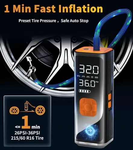 Tire Inflator Portativ Havo Kompressori, 12V DC Yuk Mashinalari uchun Havo Nasosi, Avtomobil Shinalari uchun, 150PSI Portativ Havo Kompressori Bosim O'lchagich/LED Chiroq bilan, Avtomobil, Moto, Velosiped uchun 20000MAH Portativ Shinalar Inflatori (Qora) - VIL (1)