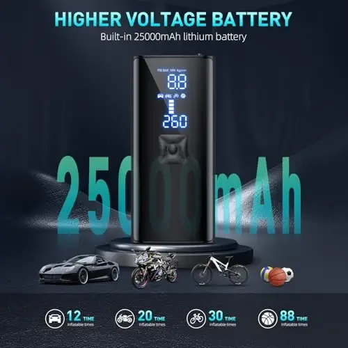 Tire Inflator Portativ Havo Kompressori, 150PSI & 25000mAh Portativ Havo Kompressori Raqamli Bosim O'lchagich bilan, 2X Tezroq Shishirish Simsiz Havo Nasosi Avtomobil, Mototsikl, Velosiped va Boshqalar uchun - 4
