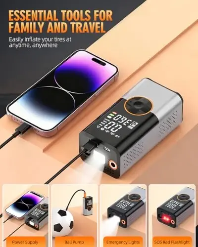 Tire Inflator Portativ Havo Kompressori, 150PSI & 2X Tezroq Havo Kompressori, Raqamli Bosim O'lchagich bilan, Avtomobil, Mototsikl, Velosiped va To'p uchun Portativ Havo Nasosi - 5