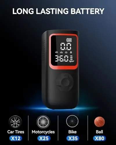 Tire Inflator Portativ Havo Kompressori - 150PSI Portativ Tire Inflator Bosim O'lchagich bilan, Avtomobil Shinalari uchun 4X Tezroq Portativ Havo Kompressori, Avtomobil, Mototsikl, Velosiped uchun LED yoritgichli havo nasosi - 3