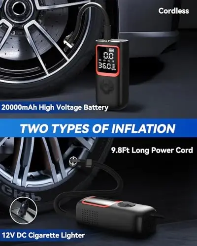 Tire Inflator Portativ Havo Kompressori - 150PSI Portativ Tire Inflator Bosim O'lchagich bilan, Avtomobil Shinalari uchun 4X Tezroq Portativ Havo Kompressori, Avtomobil, Mototsikl, Velosiped uchun LED yoritgichli havo nasosi - 4