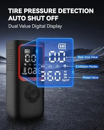 Tire Inflator Portativ Havo Kompressori - 150PSI Portativ Tire Inflator Bosim O'lchagich bilan, Avtomobil Shinalari uchun 4X Tezroq Portativ Havo Kompressori, Avtomobil, Mototsikl, Velosiped uchun LED yoritgichli havo nasosi - 5