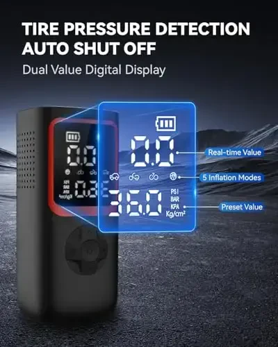Tire Inflator Portativ Havo Kompressori - 150PSI Portativ Tire Inflator Bosim O'lchagich bilan, Avtomobil Shinalari uchun 4X Tezroq Portativ Havo Kompressori, Avtomobil, Mototsikl, Velosiped uchun LED yoritgichli havo nasosi - 5