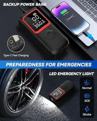 Tire Inflator Portativ Havo Kompressori - 150PSI Portativ Tire Inflator Bosim O'lchagich bilan, Avtomobil Shinalari uchun 4X Tezroq Portativ Havo Kompressori, Avtomobil, Mototsikl, Velosiped uchun LED yoritgichli havo nasosi - 6