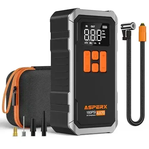 Tire Inflator Portativ Havo Kompressori - 160PSI & 10000mAh Portativ Havo Nasosi, Tashish Sumkasi, LCD Displey & LED Yorug'ligi, Avtomobil, Velosiped, Motosiklet, To'plar va boshqalar uchun 3X tez shishiruvchi - 4