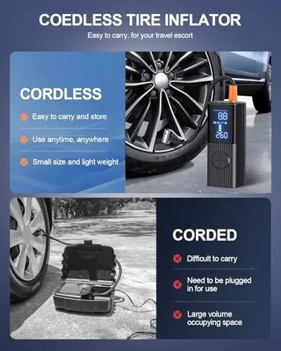 Tire Inflator Portativ Havo Kompressori, 180PSI Portativ Havo Kompressori LED yoritgichi bilan, 25000mAh va 3X Tezroq Shishirish Havo Nasosi Avtomobil, Velosiped, Mototsikl, To'p va boshqalar uchun - Hafuloky (1)