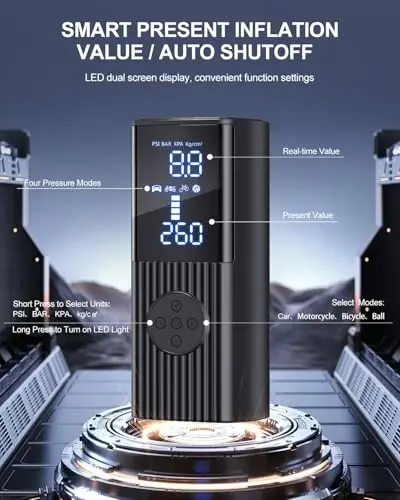 Tire Inflator Portativ Havo Kompressori, 180PSI Portativ Havo Kompressori LED yoritgichi bilan, 25000mAh va 3X Tezroq Shishirish Havo Nasosi Avtomobil, Velosiped, Mototsikl, To'p va boshqalar uchun - 6