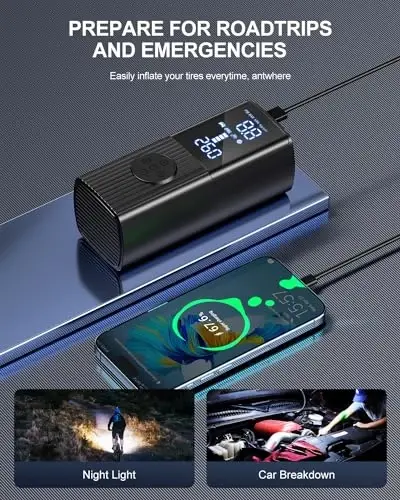 Tire Inflator Portativ Havo Kompressori, 180PSI Portativ Havo Kompressori LED yoritgichi bilan, 25000mAh va 3X Tezroq Shishirish Havo Nasosi Avtomobil, Velosiped, Mototsikl, To'p va boshqalar uchun - 4