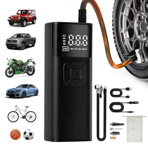 Tire Inflator Portativ Havo Kompressori - Avtomobil shinalari uchun portativ havo nasosi 10000mAh 150PSI & 12V DC Akustik 4X tezroq shishiruvchi avtomobil, mototsikl, velosiped, to'p uchun, shinalar bosimi o'lchagichi, ikki maqsadli turdagi. - 1