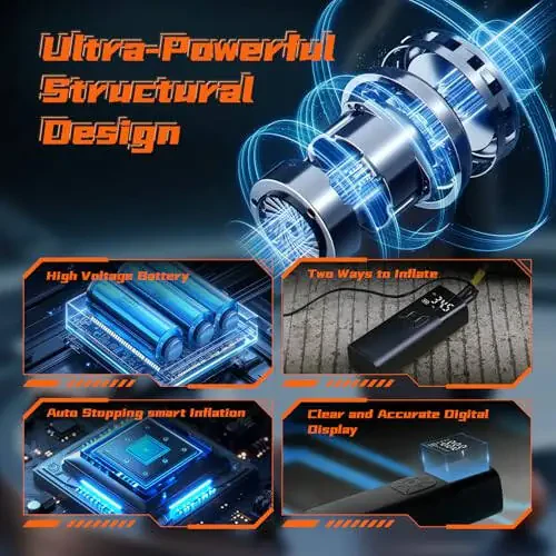 Tire Inflator Portativ Havo Kompressori - Avtomobil shinalari uchun portativ havo nasosi 10000mAh 150PSI & 12V DC Akustik 4X tezroq shishiruvchi avtomobil, mototsikl, velosiped, to'p uchun, shinalar bosimi o'lchagichi, ikki maqsadli turdagi. - 3