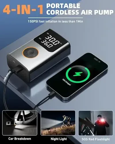 Tire Inflator Portativ Havo Kompressori, Velosiped Nasosi, Avtomobil Shinalari Uchun 150PSI Havo Nasosi, LCD Ikki Ekran va Raqamli Shina Bosimi O'lchagich, Velosiped, Motosiklet, Kichik Avtomobil, To'p Uchun Havo Kompressori - 5