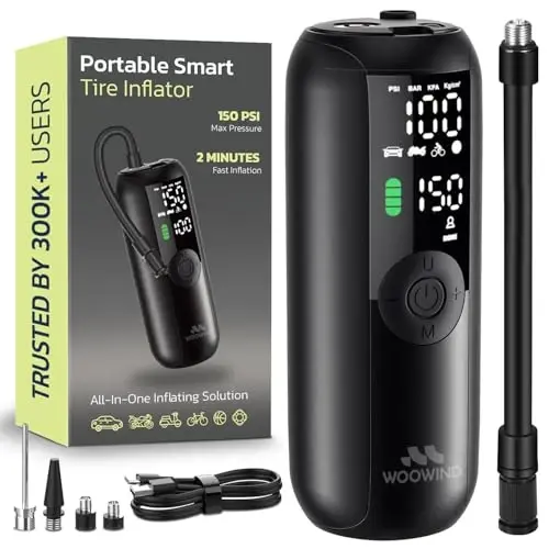 Tire Inflator Portable Air Compressor for Car, Bike, Motorcycle, SUV, Offroad & Truck - Fast Car Pump, 150 PSI, Cordless 12V DC, LED Display Emergency Light by Woowind - 3