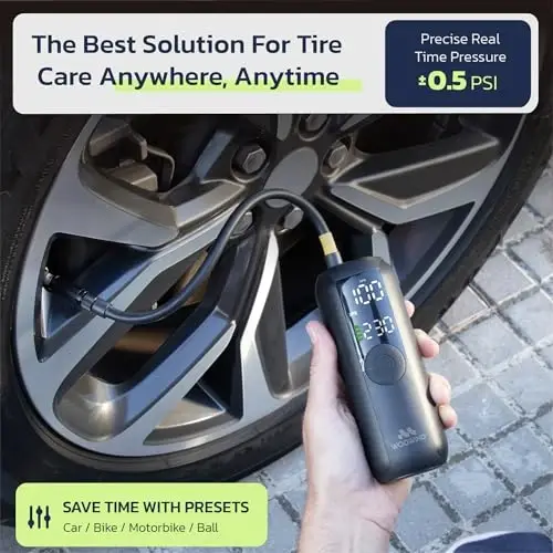Tire Inflator Portable Air Compressor for Car, Bike, Motorcycle, SUV, Offroad & Truck - Fast Car Pump, 150 PSI, Cordless 12V DC, LED Display Emergency Light by Woowind - 4