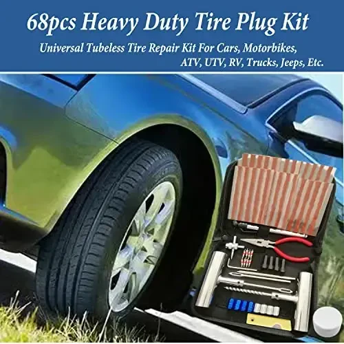 Tire Repair Kit, 68pcs Heavy Duty Tire Plug Kit, Universal Tire Repair Tools Flat Tire Puncture Repair for Car, Motorcycle, Truck, SUV, RV, ATV, Tractor, Trailer Fix Punctures and Plug Flats Patch Kit - 6