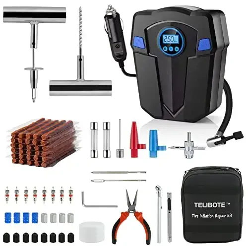 Tire Repair Kit, Portable Tire Inflator Air Compressor, Heavy Duty Flat Tire Repair Kit with 12V Air Pump for SUV, Car, Motorcycle, Truck, RV and Other Tire Repair - 1