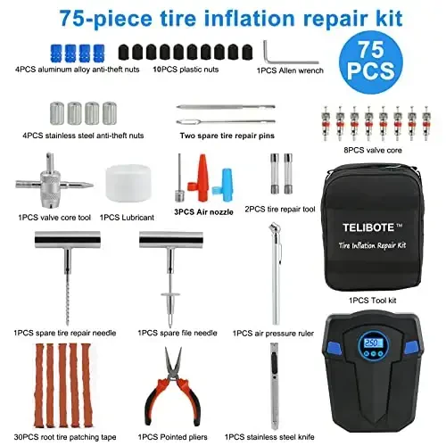 Tire Repair Kit, Portable Tire Inflator Air Compressor, Heavy Duty Flat Tire Repair Kit with 12V Air Pump for SUV, Car, Motorcycle, Truck, RV and Other Tire Repair - TILIBOTE (1)