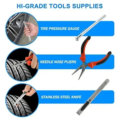 Tire Repair Kit, Portable Tire Inflator Air Compressor, Heavy Duty Flat Tire Repair Kit with 12V Air Pump for SUV, Car, Motorcycle, Truck, RV and Other Tire Repair - 6