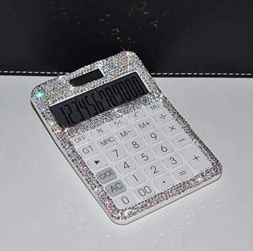 TISHAA Stylish Bling Rhinestone Crystal Dazzling 12 Digit Solar and Battery Dual Power Large LCD Display Standard Desktop Calculator for Office, Home, School (White) - 5