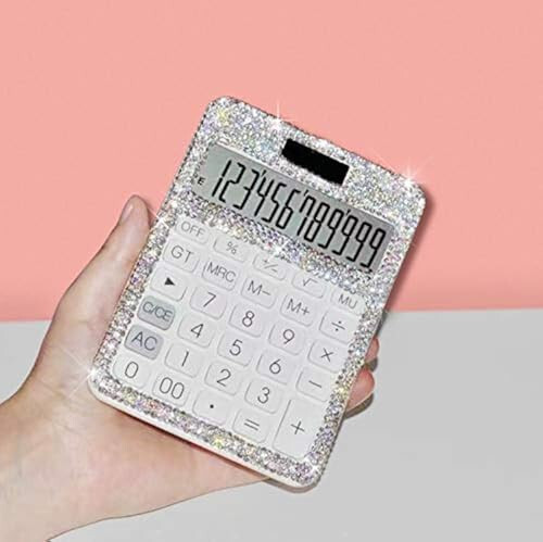 TISHAA Stylish Bling Rhinestone Crystal Dazzling 12 Digit Solar and Battery Dual Power Large LCD Display Standard Desktop Calculator for Office, Home, School (White) - TISHAA
