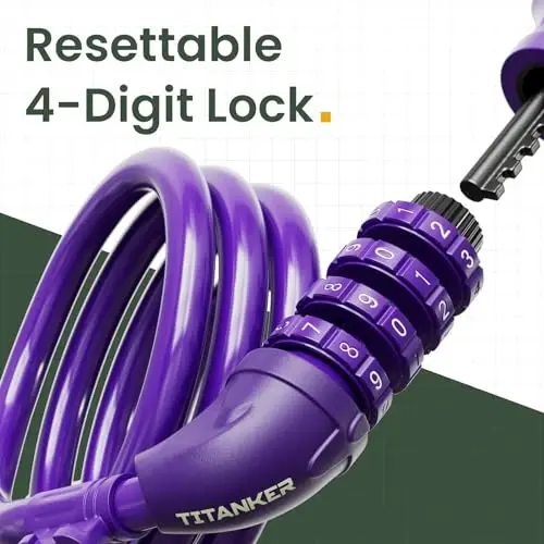 Titanker Bike Lock, Bicycle Lock 4 Feet Cable Lock 1/2 Inch Resettable Bike Lock Combination with Mounting Bracket, Bike Accessories for Bicycle, Electric Scooter, Motorcycle - TITANKER (1)