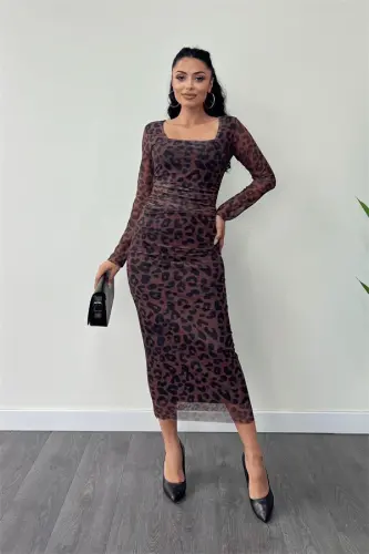 Тюлевое Платье-Карандаш с Деталями в Сборку - КОРИЧНЕВЫЙ - 1