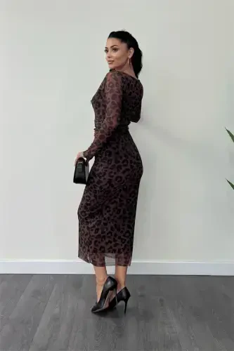 Тюлевое Платье-Карандаш с Деталями в Сборку - КОРИЧНЕВЫЙ - 5