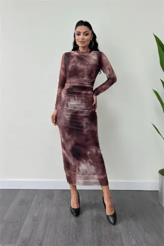 Тюлевое Платье-карандаш с драпировкой - БОРДО - 2