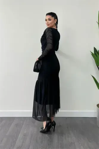 Тюлевое платье-карандаш с драпировкой - ЧЕРНЫЙ - 10