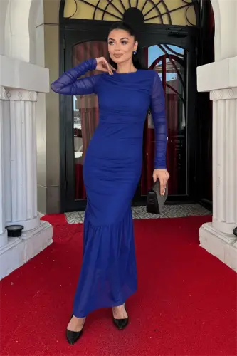 Тюлевое платье-карандаш с присборенной деталью - ЛАЗУРНО-СИНИЙ - 1