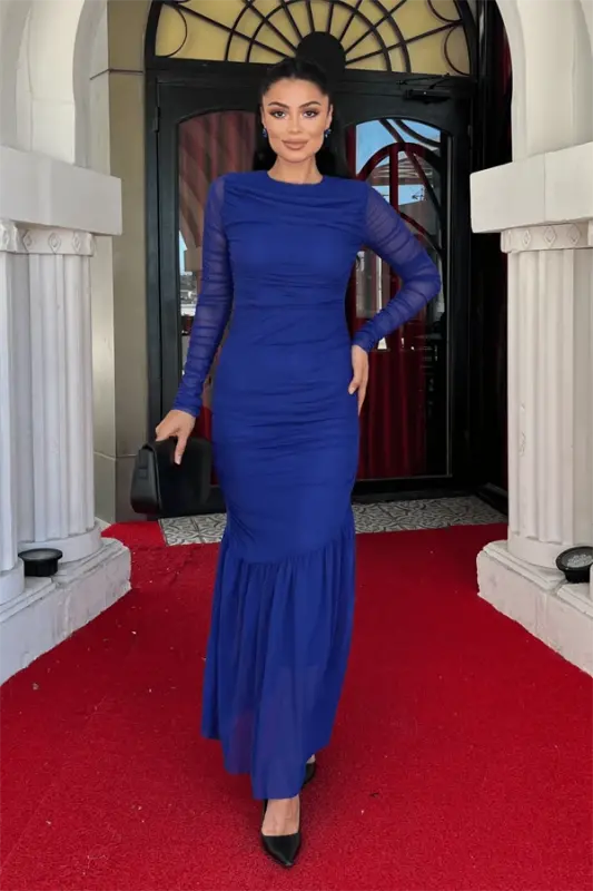 Тюлевое платье-карандаш с присборенной деталью - ЛАЗУРНО-СИНИЙ - 2