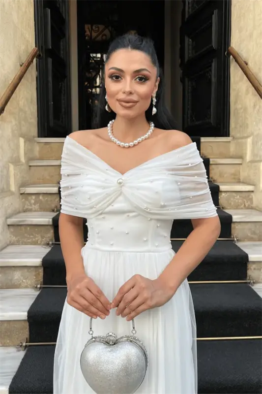 Тюлевое Платье Миди с Жемчугом - БЕЛЫЙ - 3