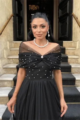 Тюлевое платье миди с жемчугом - ЧЕРНЫЙ - 3