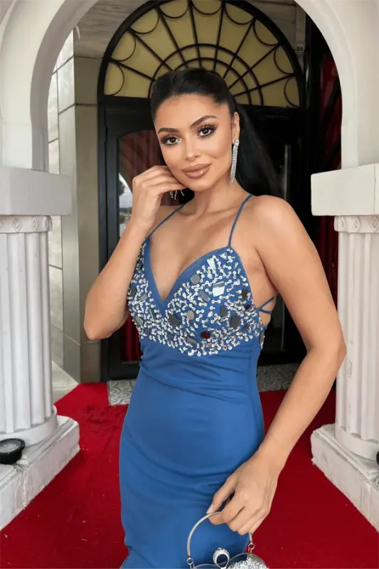 Тюлевое Платье с Каменной Отделкой и Шнуровкой на Спине - ИНДИГО СИНИЙ - 3