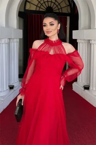 Тюлевое Платье с Воланами - КРАСНЫЙ - 3