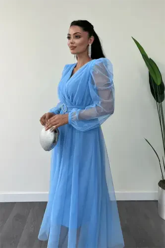 Тюлевое платье с запахом, украшенное каменным поясом - СВЕТЛО-ГОЛУБОЙ - 3