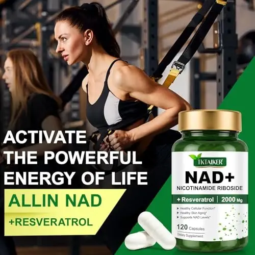 TKTALKER NAD qo'shimchasi 2000 Mg - 120 kapsula Haqiqiy NAD va Resveratrol, NMN muqobillar Liposomal NAD+ ayollar va erkaklar uchun, hujayra salomatligini, chidamlilikni va sog'lom qarishni qo'llab-quvvatlash - Ultra kuchli kapsulalar - 6