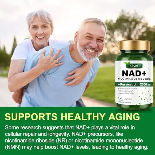 TKTALKER NAD qo'shimchasi 2000 Mg - 120 kapsula Haqiqiy NAD va Resveratrol, NMN muqobillar Liposomal NAD+ ayollar va erkaklar uchun, hujayra salomatligini, chidamlilikni va sog'lom qarishni qo'llab-quvvatlash - Ultra kuchli kapsulalar - 7