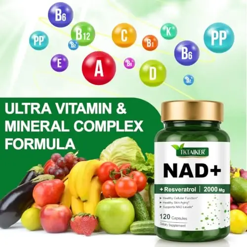 TKTALKER NAD qo'shimchasi 2000 Mg - 120 kapsula Haqiqiy NAD va Resveratrol, NMN muqobillar Liposomal NAD+ ayollar va erkaklar uchun, hujayra salomatligini, chidamlilikni va sog'lom qarishni qo'llab-quvvatlash - Ultra kuchli kapsulalar - 3