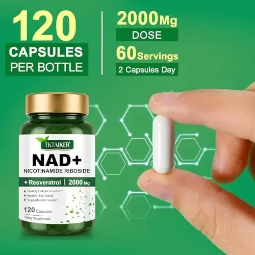 TKTALKER NAD qo'shimchasi 2000 Mg - 120 kapsula Haqiqiy NAD va Resveratrol, NMN muqobillar Liposomal NAD+ ayollar va erkaklar uchun, hujayra salomatligini, chidamlilikni va sog'lom qarishni qo'llab-quvvatlash - Ultra kuchli kapsulalar - TKTALKER (1)