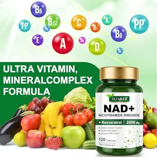 TKTALKER NAD qo'shimchasi 2000 Mg - 120 kapsula Haqiqiy NAD va Resveratrol, NMN muqobillar Liposomal NAD+ ayollar va erkaklar uchun, hujayra salomatligini, chidamlilikni va sog'lom qarishni qo'llab-quvvatlash - Ultra kuchli kapsulalar - 5