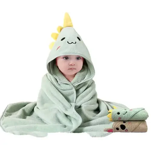 TMIELYBS 2 Pack Premium Soft Baby Bath Towels with Hood - Green Dinosaur + Brown Koala - Ultra Absorbent, Baby Stuff Shower for Boys and Girls - 19