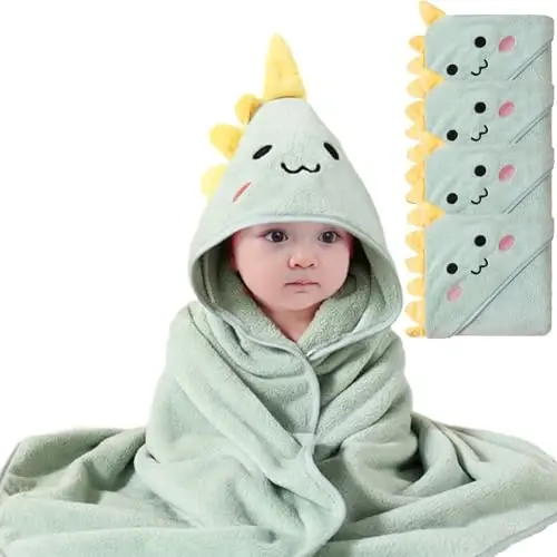 TMIELYBS Kapüşonlu Bebek Havluları, 4'lü Paket Premium Yumuşak Bebek Banyo Havluları Kapüşonlu, Bebekler, Yeni Yürümeye Başlayan Çocuklar, Bebekler İçin - Ultra Emici, Erkek ve Kız Çocuklar İçin En İyi Hediye Olarak Bebek Duş Malzemeleri (4'lü Paket) (Yeşil Dinozor) 