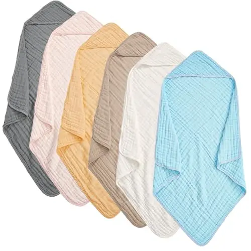 TMIELYBS Muslin Hooded Baby Towels 6 Pack - 32x32 Inches, Premium 6-Layer 100% Cotton Extra Soft Absorbent Bath Towels for Infant, Newborn Gift Set (6 Pure Colors) 