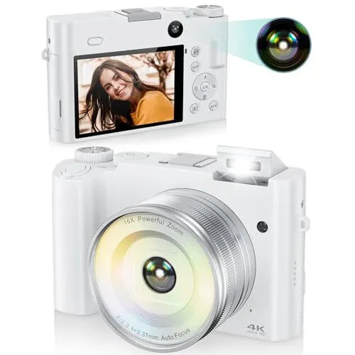 ToAuite 4K Digital Camera for Photography, 64MP Autofocus Vlogging Camera for YouTube with Selfie Lens, Compact Travel Video Camera with Flash, 16X Zoom, Anti-Shake, 32GB Card, 2 Batteries(White) - ToAuite