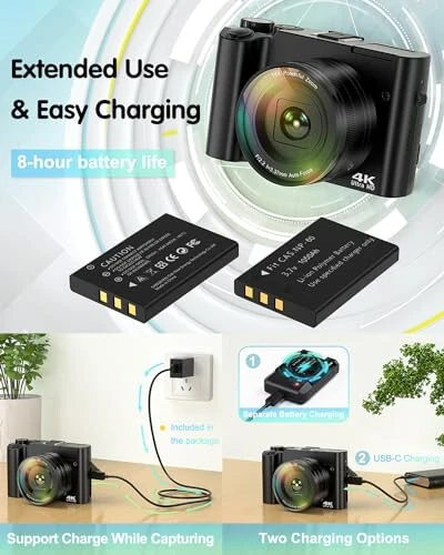 ToAuite 4K raqamli fotosurat kamerasi, 64MP avtomatik fokusli YouTube uchun vlogging kamerasi, selfie linzali, kompakt sayohat video kamerasi, fleshli, 16X zoom, anti-tebranish, 32GB karta, 2 batareya (qora) - 4