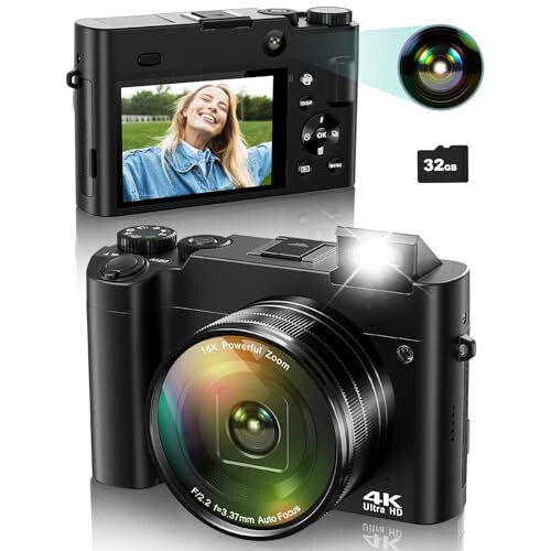 ToAuite 4K raqamli fotosurat kamerasi, 64MP avtomatik fokusli YouTube uchun vlogging kamerasi, selfie linzali, kompakt sayohat video kamerasi, fleshli, 16X zoom, anti-tebranish, 32GB karta, 2 batareya (qora) - 6